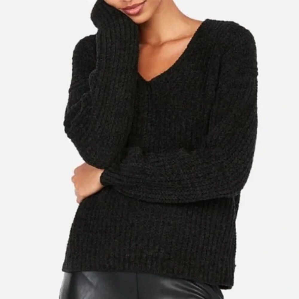 Women's Black Chenille Oversized V-Neck Sweater Size XS